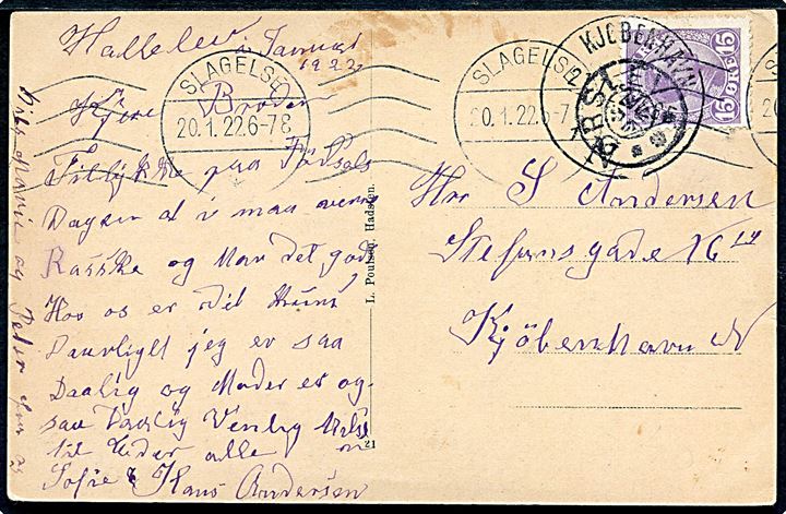 15 øre Chr. X på brevkort annulleret med stjernestempel ØRSLEV og sidestemplet Slagelse d. 20.1.1922 til København.