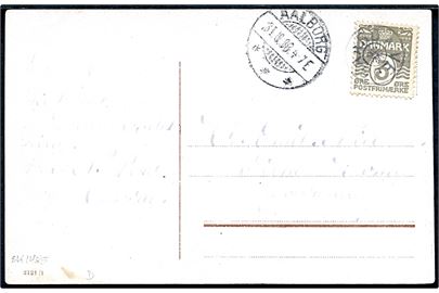 3 øre Bølgelinie på lokalt brevkort annulleret med stjernestempel VEJGAARD og sidestemplet Aalborg d. 31.10.1908.