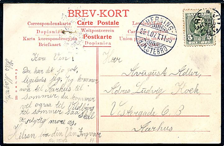 5 øre Chr. IX på brevkort (Vildbjerg station) annulleret med stjernestempel VILDBJERG og sidestemplet bureau Herning - Holstebro T.1190 d. 25.1.1907 til Aarhus. Små fejl.