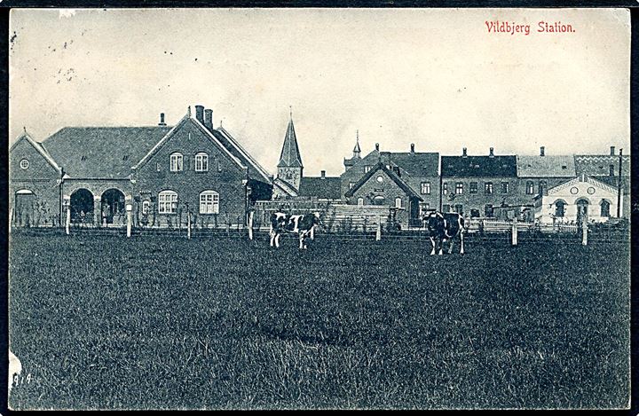 5 øre Chr. IX på brevkort (Vildbjerg station) annulleret med stjernestempel VILDBJERG og sidestemplet bureau Herning - Holstebro T.1190 d. 25.1.1907 til Aarhus. Små fejl.