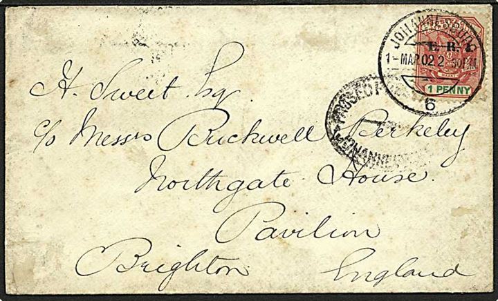 1d E.R.I. Provisorium på brev fra Johannesburg d. 1.3.1902 til England. Johannesburg Press Censor. Nusset.