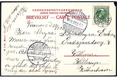 5 øre Chr. IX på brevkort annulleret med stjernestempel VIEMOSE og sidestemplet bureau Masnedsund - Kallehave T.5 d. 20.7.1905 til Hellerup. Lille hj. skade.