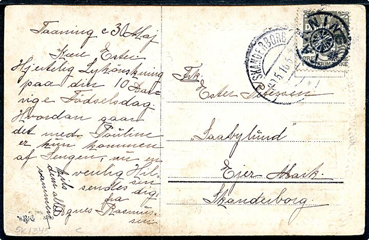 3 øre Bølgelinie på lokalt brevkort annulleret med stjernestempel TAANING og sidestemplet Skanderborg d. 30.5.21916 til Ejer Mark pr. Skanderborg.