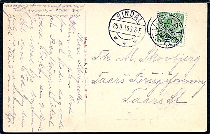 5 øre Chr. X på brevkort annulleret med stjernestempel TVERSTED og sidestemplet Sindal d. 25.3.1915 til Taars.