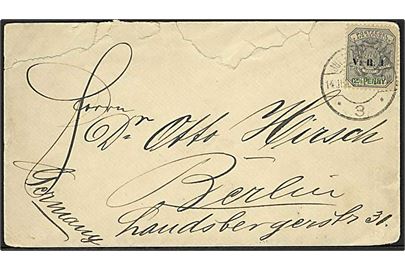 2½d V.R.I. Provisorium på brev fra Johannesburg d. 14.6.1901 til Berlin, Tyskland. Revet i toppen.