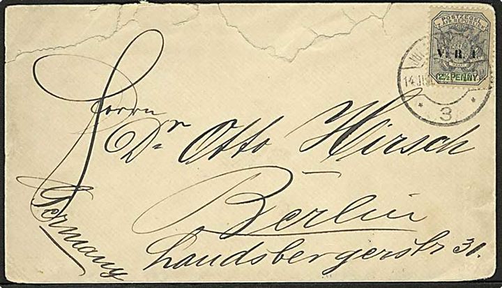 2½d V.R.I. Provisorium på brev fra Johannesburg d. 14.6.1901 til Berlin, Tyskland. Revet i toppen.