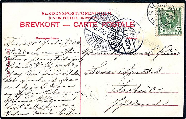 5 øre Chr. IX på brevkort annulleret med stjernestempel STENSVED og sidestemplet bureau Masnedsund - Kallehave T.7 d. 30.7.1906 til Aarhus.