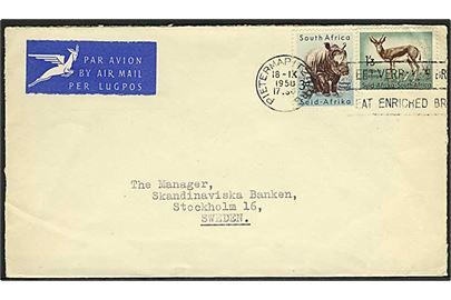 1'3 sh og 3d på luftpostbrev fra Pietermaritzburg d. 18.9.1958 til Stockholm, Sverige.