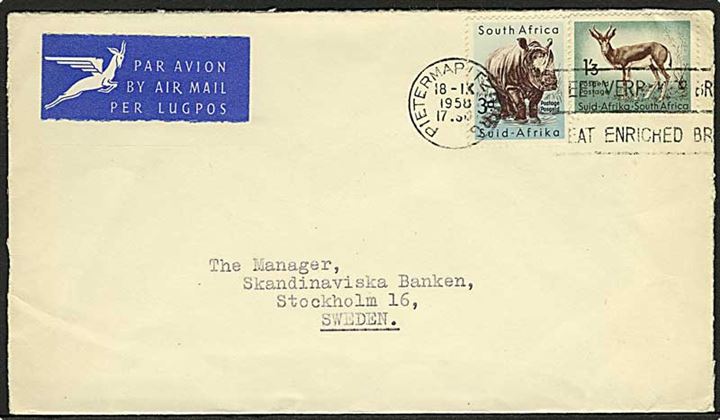 1'3 sh og 3d på luftpostbrev fra Pietermaritzburg d. 18.9.1958 til Stockholm, Sverige.