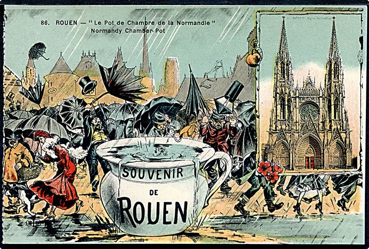 Frankrig, Rouen, Souvenir de med regnvejr og potte. No. 86.