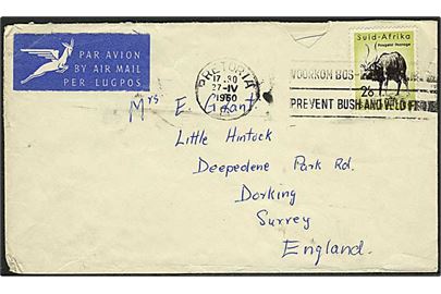 2'6 sh. single på luftpostbrev fra Pretoria d. 27.4.1960 til Dorking, England.