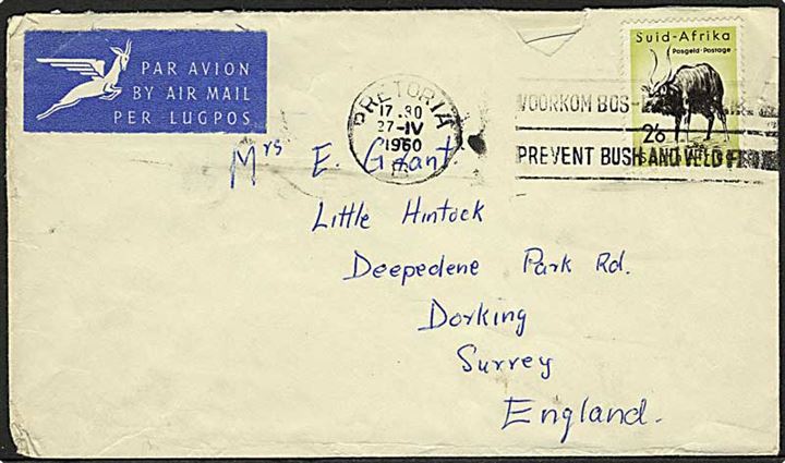 2'6 sh. single på luftpostbrev fra Pretoria d. 27.4.1960 til Dorking, England.