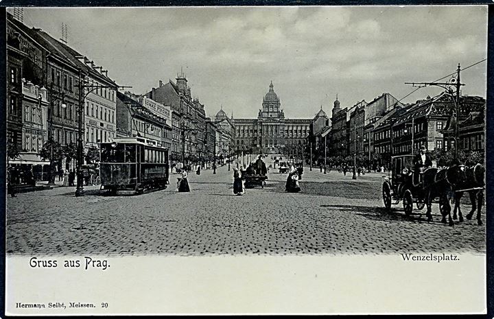 Prag (Tjekkiet), Gruss aus med Wenzelsplatz og sporvogn. H. Seibt no. 29.