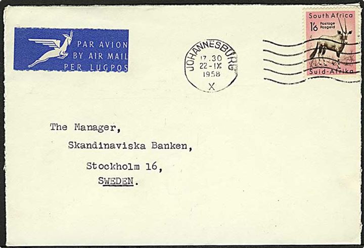 1'6 sh. single på luftpostbrev fra Johannesburg d. 22.9.1958 til Stockholm, Sverige.