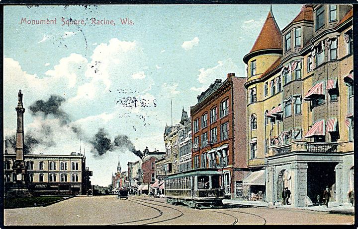USA, Racine, Wis., Monument Square med sporvogn. E. A. Bishop no. 216.