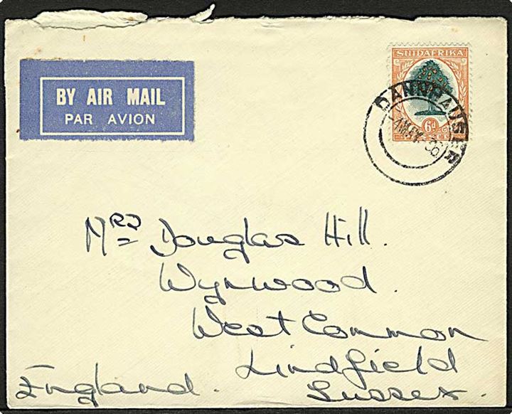 6d single på luftpostbrev fra Dannhauser d. 4.5.1936 til England.
