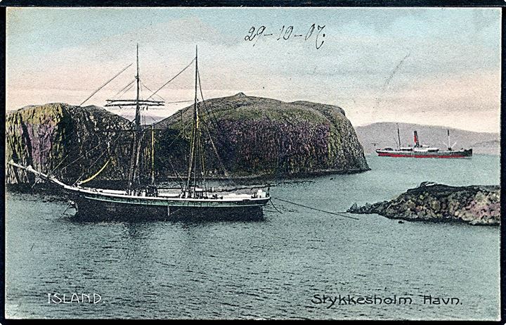 Island, Stykkesholm havn med sejl- og dampskib. Stenders no. 10156.
