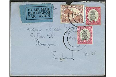 1d (2) og 4d på luftpostbrev fra Simonstown d. 8.2.1935 til Devonport, England.