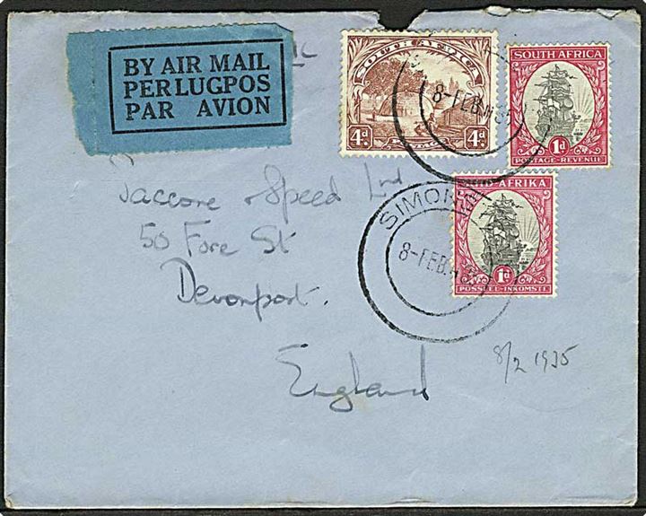 1d (2) og 4d på luftpostbrev fra Simonstown d. 8.2.1935 til Devonport, England.