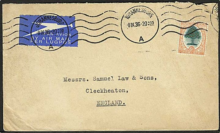 6d single på luftpostbrev fra Johannesburg d. 8.9.1936 til Cleckheaton, England.