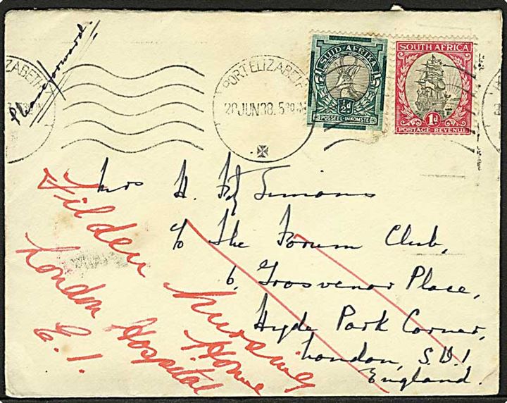 ½d og 1d på brev fra Port Elizabeth d. 28.6.1938 til London, England - eftersendt.