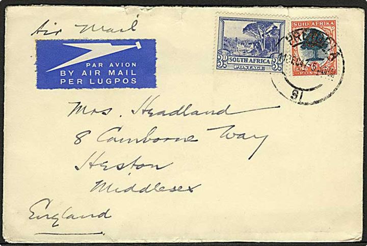 3d og 6d på luftpostbrev fra Pretoria d. 11.12.1947 til Heston, England.