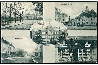 Randers, partier med jernbanestation, St. Josephs Hospital, Vestergade og Raadhuspladsen. J.J.N. no. 3973.