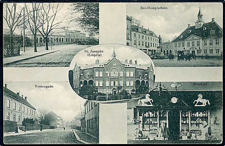 Randers, partier med jernbanestation, St. Josephs Hospital, Vestergade og Raadhuspladsen. J.J.N. no. 3973.