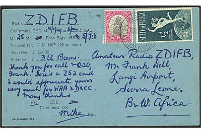 1½d frankeret QXL kort fra Aliwal North d. 19.11.1949 til Lungi Airport, Sierra Leone, Vestafrika.
