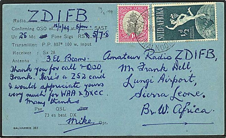 1½d frankeret QXL kort fra Aliwal North d. 19.11.1949 til Lungi Airport, Sierra Leone, Vestafrika.