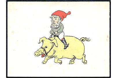Emilie Mundt: Nisse på gris. Kartonkort med hilsen dateret d. 16.12.1899.
