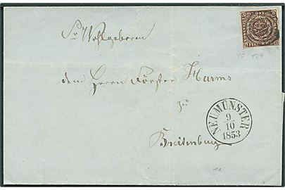 4 R.B.S. Thiele II sortbrun med fuld rand på brev annulleret med svagt nr.stempel “124” og sidestemplet antiqua Neumünster d. 9.10.1853 til Breitenburg.
