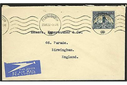 1½d single på luftpostbrev fra Bloemfontein d. 23.12.1937 til Birmingham, England.