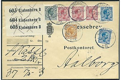 20 øre (2), 50 øre (3-stribe), 1 kr. og 2 kr. Chr. X på 490 øre frankeret adressebrev for 3 pakker fra Kjøbenhavn d. 5.12.1917 til Aalborg.