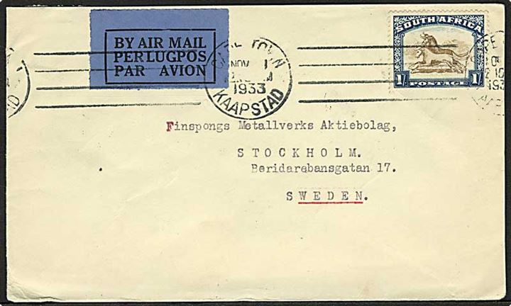 1/- single på luftpostbrev fra Cape Town d. 1.11.1933 via Berlin og Malmö til Stockholm, Sverige.