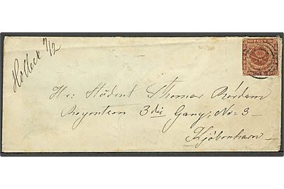 4 sk. 1854 udg. på brev annulleret med nr.stempel “1” og håndskrevet bynavn Holbek 9.2. til Kjøbenhavn 185x. Kuvert revet på bagsiden. Ex. Ole Steen Jakobsen.
