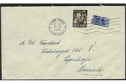 1'3 sh. og 3d på brev fra Cape Town d. 5.12.1946 til København, Danmark.