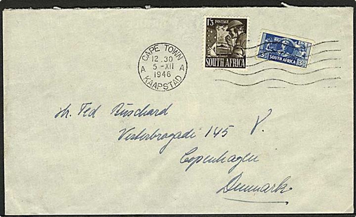 1'3 sh. og 3d på brev fra Cape Town d. 5.12.1946 til København, Danmark.