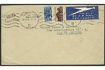 1/- og 3d på luftpostbrev fra Johannesburg d. 28.2.1946 til Rio de Janeiro, Brasilien.