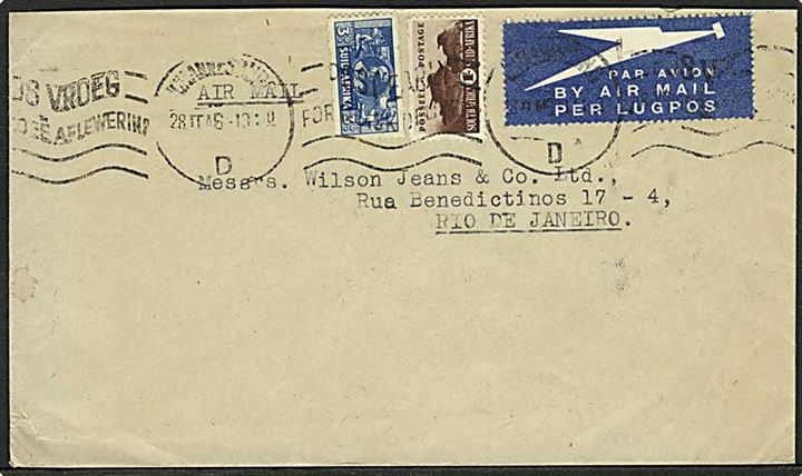 1/- og 3d på luftpostbrev fra Johannesburg d. 28.2.1946 til Rio de Janeiro, Brasilien.