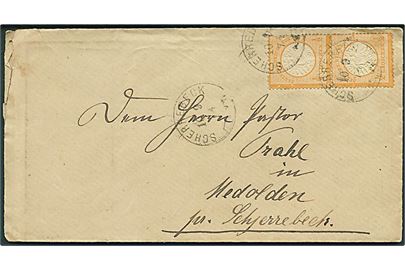 ½ gr. Stort Brystskjold i lodret parstykke på lokalt brev annulleret med enringsstempel Scherrebeck d. 10.9.1874 til Medolden pr. Scherrebeck.