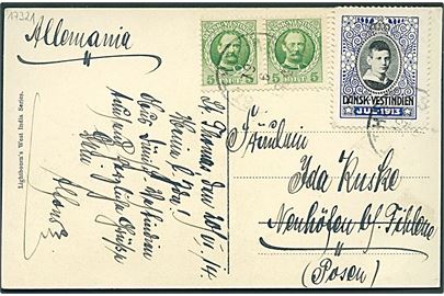 5 bit Fr. VIII i parstykke og Julemærke 1913 på brevkort (A Pretty Nook on the H.A. Co.’s Station, St. Thomas, Lightbourn) fra St. Thomas d. 19.6.1914 til Neuhöfen b. Filehne, Posen, Tyskland. God anvendelse til udlandet.