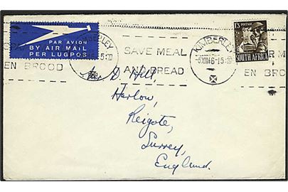 1'3 sh. single på luftpostbrev fra Kimberley d. 5.12.1946 til Reigate, England.