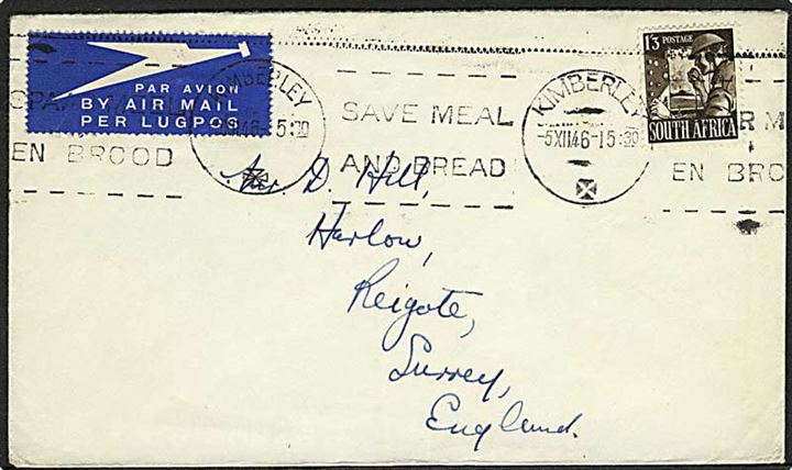 1'3 sh. single på luftpostbrev fra Kimberley d. 5.12.1946 til Reigate, England.