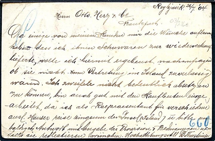 10 aur Chr. IX helsagskort fra Reykjavik d. 28.7.1904 med transitstempel “Ship Letter Newcastle-on-Tyne” til Frankfurt, Tyskland. Hj.knæk.