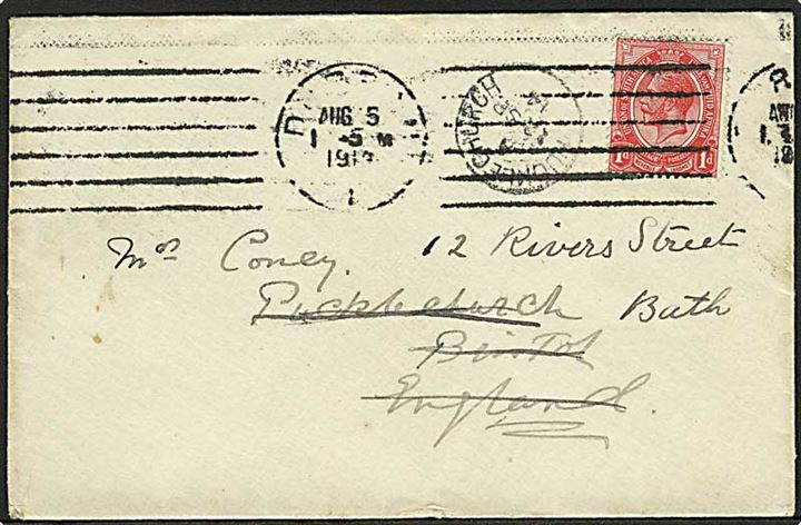 1d George V på brev fra Durban d. 5.8.1914 til Bristol, England - eftersendt til Bath.