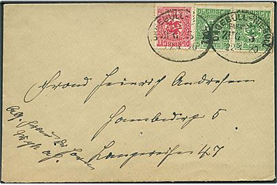 5 pfg. (par) og 10 pfg. Fælles udg. på brev fra Wyk/Föhr annulleret med bureaustempel Dagebüll - Niebüll Zug 5 d. 22.4.1920 til Hamburg. Nålehuller.