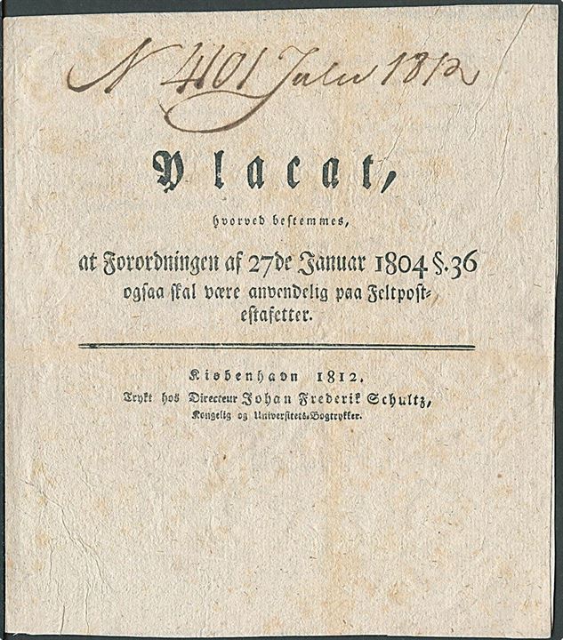 1812 Placat vedr. Feltpost Estafetter dateret Kiøbenhavn d. 14.7.1812. 