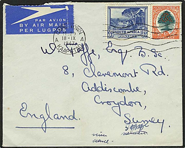 3d og 6d på luftpostbrev fra Capetown d. 18.9.1947 til Croydon, England.