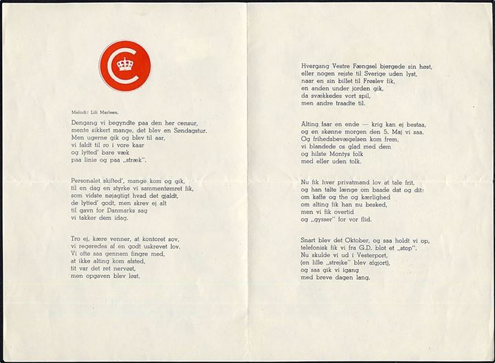 Telefoncensurens Afskedsmiddag i Slotsgaarden d. 31.1.1946. Intern lejlighedsvise. Indvendig officiel (?) rød papir-oblat med C og krone fra Censuren.